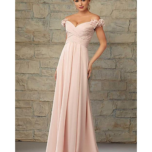 

A-Line Off Shoulder Floor Length Chiffon Bridesmaid Dress with Pleats