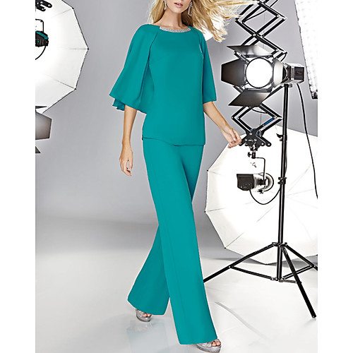 

Two Piece Pantsuit / Jumpsuit Mother of the Bride Dress Elegant Jewel Neck Floor Length Chiffon Half Sleeve with Pleats 2021