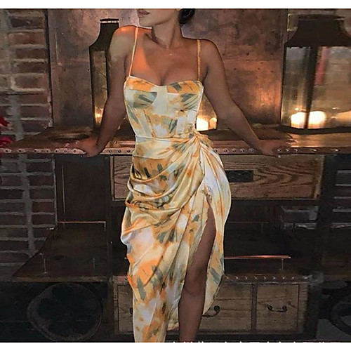 

Women's Strap Dress Midi Dress Yellow Sleeveless Print Split Print Spring Off Shoulder Sexy 2021 S M L XL