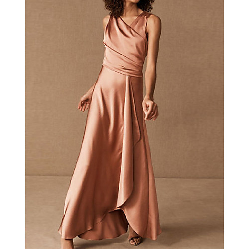 

A-Line V Neck Asymmetrical / Floor Length Charmeuse Bridesmaid Dress with Ruching