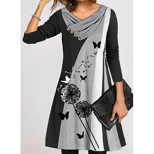 

Women's Shift Dress Knee Length Dress Khaki Gray Long Sleeve Print Color Block Patchwork Button Print Fall Spring Casual 2021 S M L XL XXL