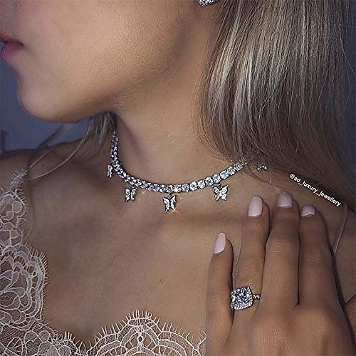 

butterfly necklace choker bling iced cz tennis chain jewelry gift for women girls (gold)