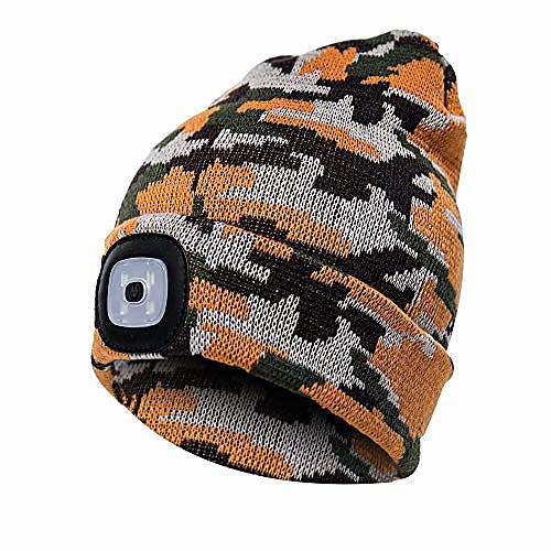 

knitted hat with light, unisex winter warmer knitted cap, usb rechargeable led hat, hands free headlight cap, removable, washable and dimmable for jogging, camping, bbq camouflage yellow