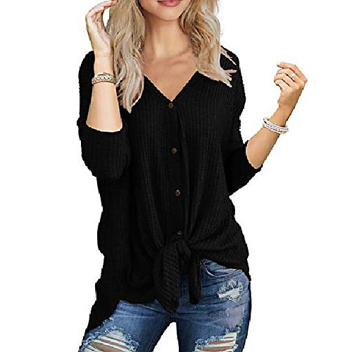 

womens waffle knit tunic long sleeve button down tie knot henley tops loose fitting bat wing shirts(black,xx-large)