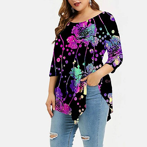 

Women's Plus Size Print Color Gradient T shirt Large Size Round Neck Long Sleeve Tops Big Size