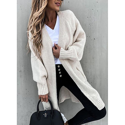 

Women's Knitted Solid Color Cardigan Long Sleeve Plus Size Sweater Cardigans V Neck Fall Winter Black Blue Khaki
