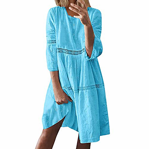 

-women summer sundress, boho gypsy plain midi dress high waist empire lace dress hollow out 3/4 sleeve casual loose midi dresses solid crew neck swing dress blue