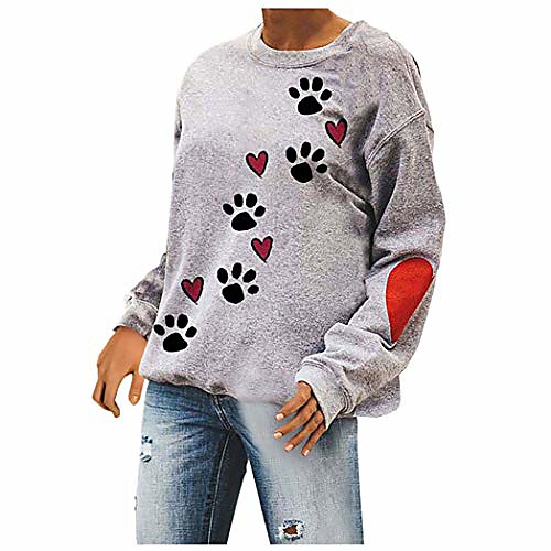 

women's dog paw print sweatshirt for women long sleeve crewneck sweater with heart partten on arms, dog owner gray