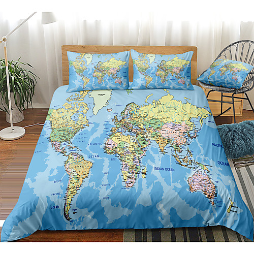 

World Map Print 3-Piece Duvet Cover Set Hotel Bedding Sets Comforter Cover with Soft Lightweight Microfiber, Include 1 Duvet Cover, 2 Pillowcases for Double/Queen/King(1 Pillowcase for Twin/Single)