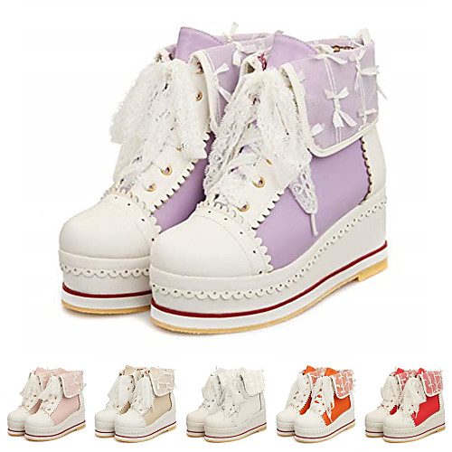 

Women's Cosplay Boots Lolita Shoes Wedge Round Toe Booties Ankle Boots Vintage Sweet Lace White Purple Red