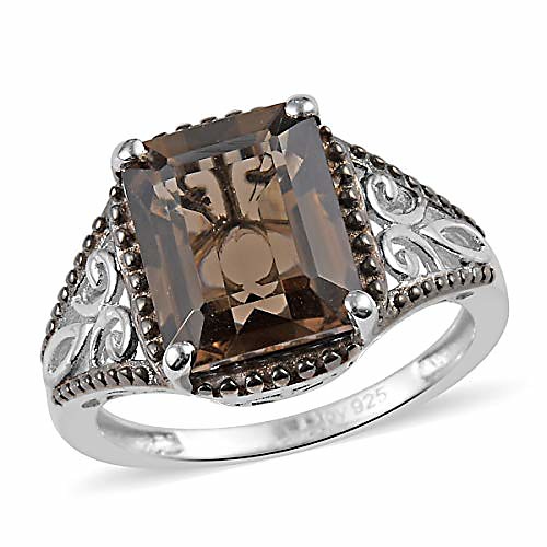 

platinum plated 925 sterling silver octagon smoky quartz solitaire ring for women jewelry size 7 cttw 2.6