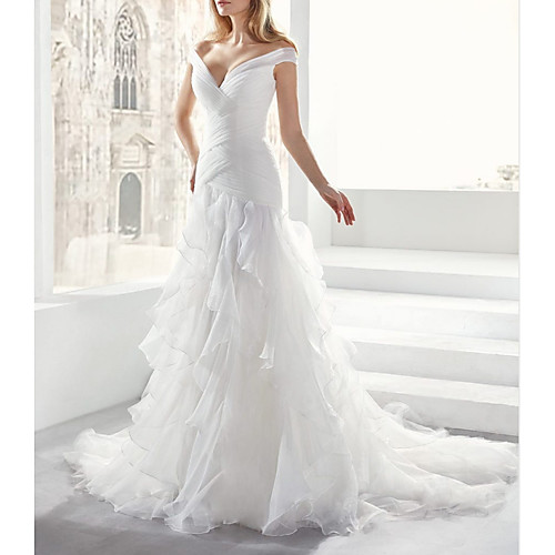 

A-Line Wedding Dresses V Neck Court Train Chiffon Tulle Sleeveless Formal Simple Luxurious with Cascading Ruffles 2021