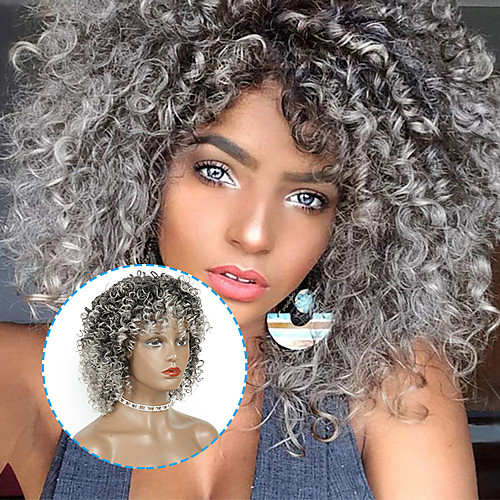 

14 Inches Afro Kinky Curly Synthetic Wig Short Bob Wigs With Bangs Black Silver Grey Natural Color For Black Women