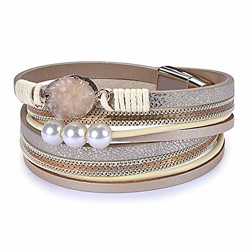 

womens leather wrap bracelet, baroque pearl cuff bracelets multilayer bangle handmade wristbands jewelry bohemian gift for women, teen girls, mother (grey)