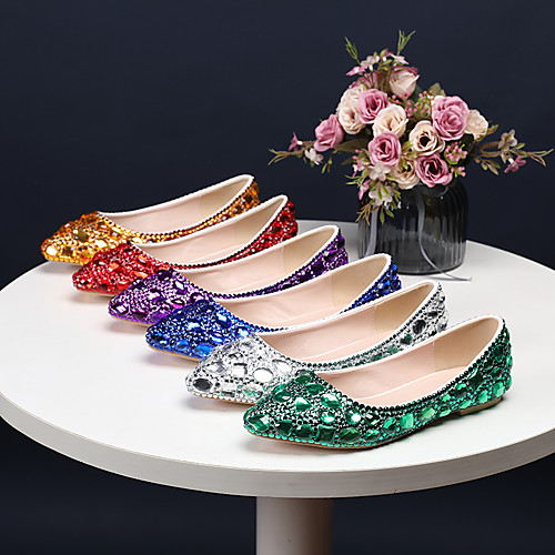 

Women's Wedding Shoes Flat Heel Pointed Toe Wedding Flats Vintage Sexy Minimalism Wedding Party & Evening PU Rhinestone Crystal Sparkling Glitter Solid Colored Purple Red Blue