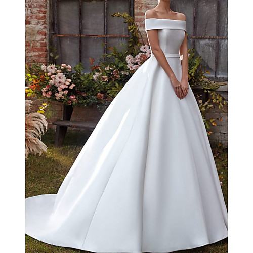 

A-Line Wedding Dresses Off Shoulder Sweep / Brush Train Satin Sleeveless Country Simple with 2021