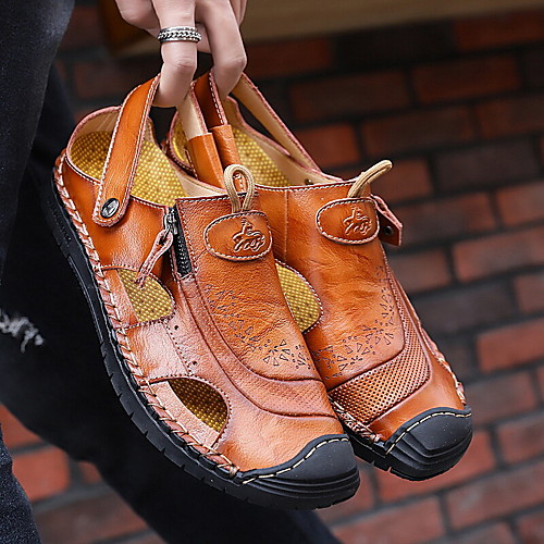 

men genuine leather hollow out dual-way use beach sandals