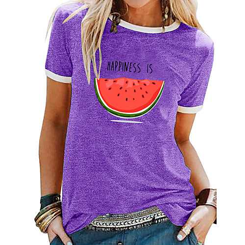 

Women's T-shirt Letter Fruit Patchwork Print Round Neck Tops Basic Basic Top White Black Blue