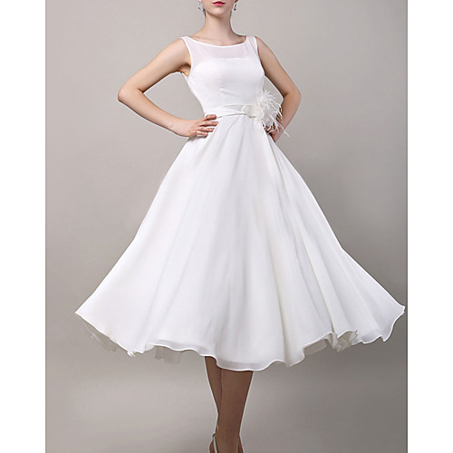 

A-Line Wedding Dresses Jewel Neck Knee Length Chiffon Sleeveless Simple Vintage Little White Dress 1950s with Appliques 2021