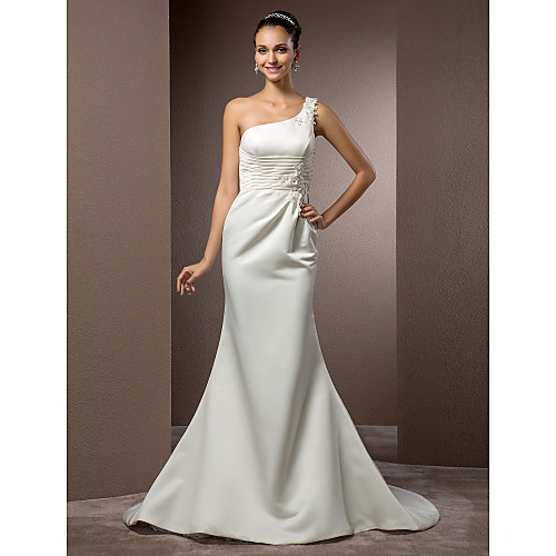 

A-Line Wedding Dresses V Neck Court Train Satin Tulle Long Sleeve Simple with Beading 2021