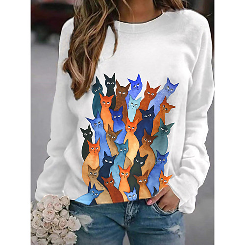 

Women's Pullover Sweatshirt Cartoon Cat Graphic Daily Basic Casual Hoodies Sweatshirts White Black Navy Blue