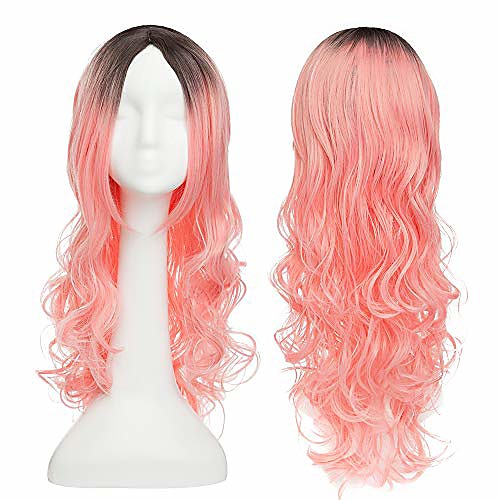 

24 synthetic long straight wave ombre wig two tones dark rooted heat resistant cheap middle part wig for ladies women party cosplay (curly, ombre brown pink)