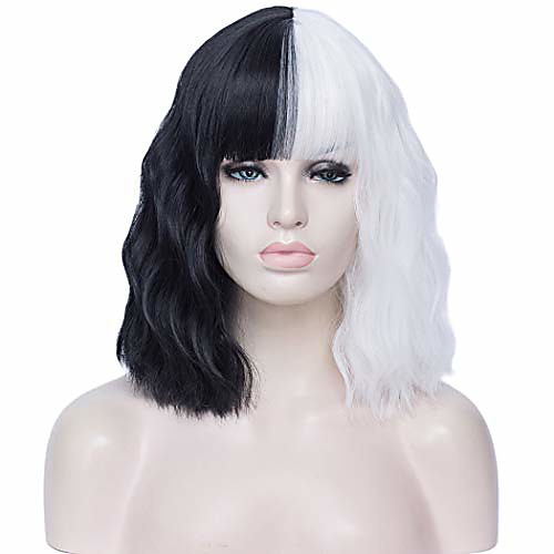 

women synthetic half black half white cosplay short bob wig for halloween carnival and party fancy dress