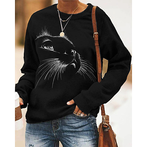 

Women's Pullover Sweatshirt Cat Graphic Print Daily Other Prints Basic Casual Hoodies Sweatshirts Black
