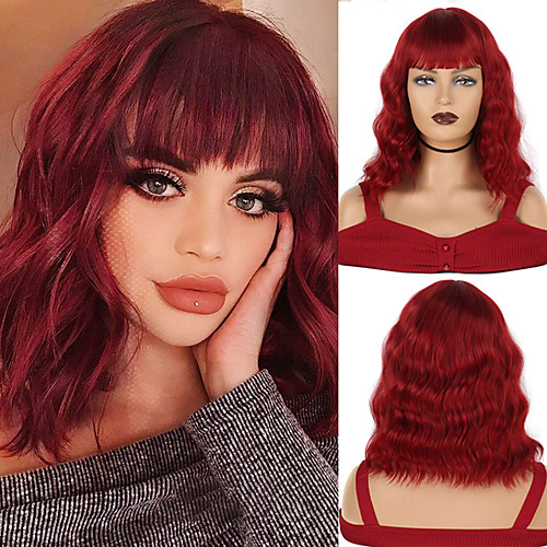 

Short Bob Style Wavy Synthetic Wigs 14 Inches 210g with Bangs Heat Resistant Cosplay Wig African American 14 colors available
