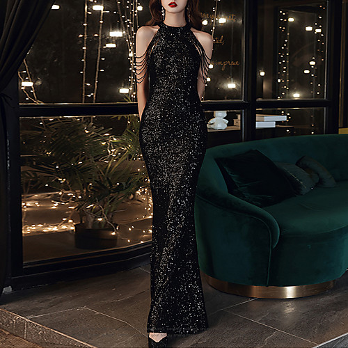 

Mermaid / Trumpet Sparkle bodycon Engagement Formal Evening Dress Halter Neck Sleeveless Floor Length Sequined with Crystals Sequin 2021