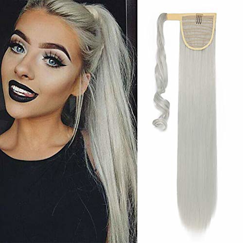 

26 long straight wrap around ponytail extensions synthetic clip in ponytail hair extensions hairpiece - silver gray