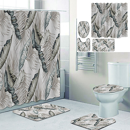 

Leaf Drawing Printed Bathtub Curtain Liner Covered With Waterproof Fabric Shower Curtain For Bathroom Home Decoration With Hook Floor Mat And Four-piece Toilet Mat