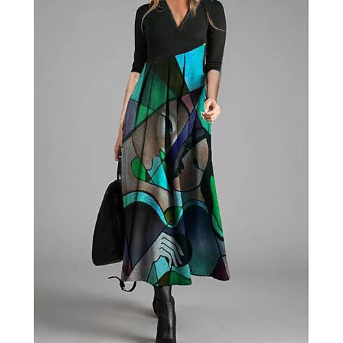

Women's Shift Dress Maxi long Dress Blue Long Sleeve Color Block Print Fall Winter V Neck Casual 2021 S M L XL XXL