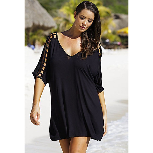 

Women's Plus Size Solid Color Backless Mesh Casual V Neck Half Sleeve Spring & Summer Knee Length Dress Shift Dress / Hollow To Waist / Holiday / Slim