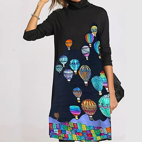 

Women's A Line Dress Knee Length Dress Black Long Sleeve Color Block Fall Spring Turtleneck Elegant Casual 2021 L XL XXL 3XL 4XL