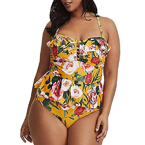 

women hater tankini set printed vintage two piece swimwear plus size high waist push up bathing suit m yellow