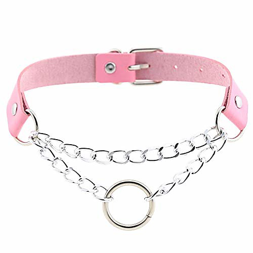

fashion o-shaped round leather collar necklace adjustable punk goth emo style circle padlock pendant pu leather chokers chain necklace (pink)