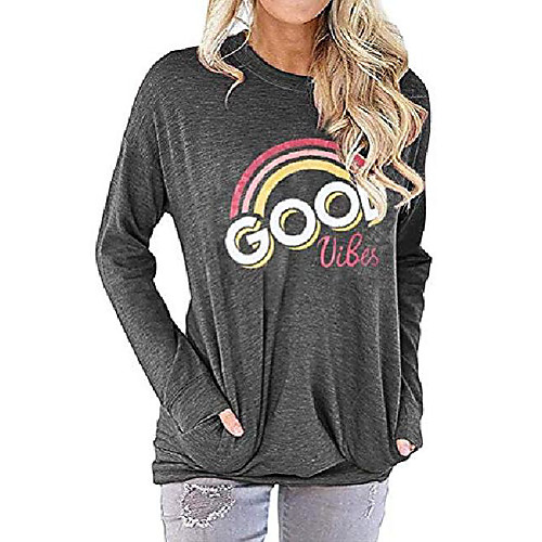 

women good vibes long sleeve shirt pocket front rainbow graphic print sweatshirt blouse tops (dark grey, m)