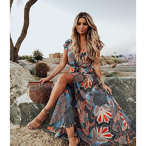

Women's Swing Dress Maxi long Dress Short Sleeve Print Patchwork Print Summer Plus Size Boho 2021 Black Light Blue S M L XL XXL 3XL