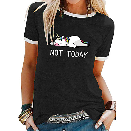 

Women's T shirt Cartoon Letter Patchwork Print Round Neck Tops Basic Basic Top White Black Blue