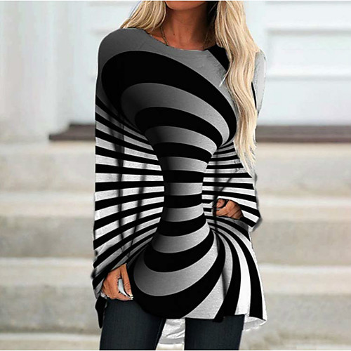 

Women's Shift Dress Short Mini Dress Black Long Sleeve Striped Print Spring Round Neck Casual 2021 M L XL XXL 3XL