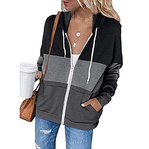 

womens casual long sleeve color block zip up hooded sweatshirt cotton loose hoodie jacket outwear with pockets black m