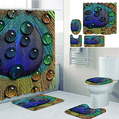 

Feather Drop Printed Bathtub Curtain Liner Covered With Waterproof Fabric Shower Curtain For Bathroom Home Decoration With Hook Floor Mat And Four-piece Toilet Mat