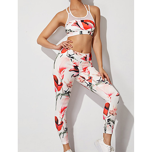 

Women's 2pcs Yoga Suit Winter Patchwork Cross Back Removable Pad Print White Nylon Fitness Gym Workout Running High Waist Sports Bra Cropped Leggings Clothing Suit Sport Activewear Tummy Control Butt