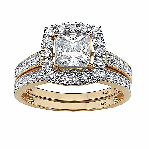 

18k yellow gold over sterling silver princess cut cubic zirconia halo bridal ring set size 9