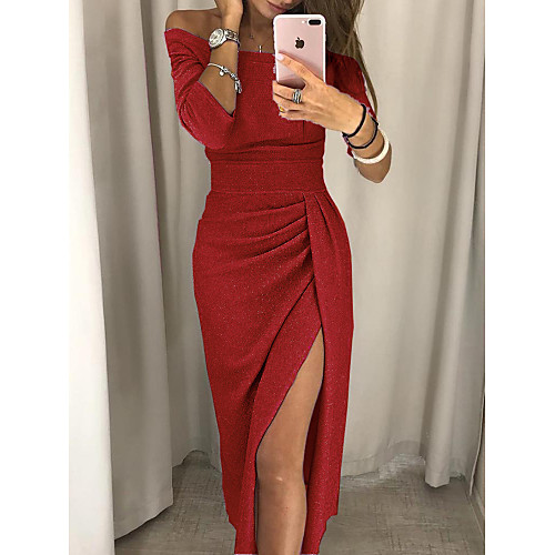 

Women's Sheath Dress Midi Dress Black Purple Red Blushing Pink Dusty Rose Light Brown Fuchsia Brown Light Green Gray 3/4 Length Sleeve Solid Color Backless Sequins Split Fall Off Shoulder Casual Sexy
