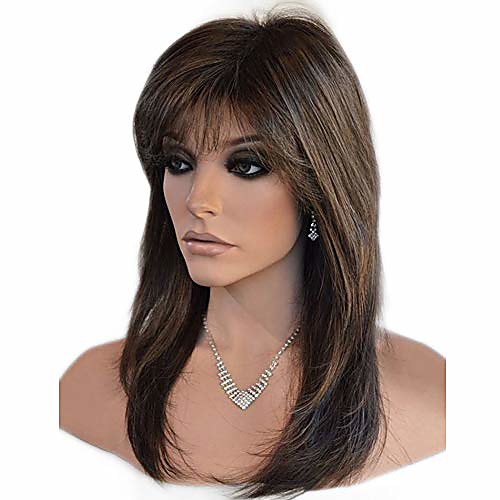 

ombre black with brown wigs with hair bangs short wavy curly wig for women -natural looking and heat resistant full head hair replacement wig for daily wear or costume wig (22inches),brown