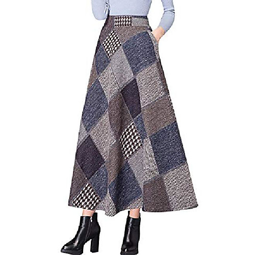 

women's vintage wool blend high waist long plaid skirt a line tartan flare swing midi skirts (28, blue)