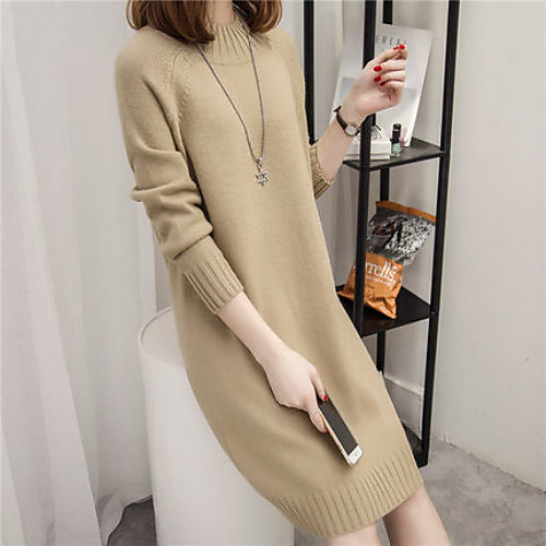 

Women's Sweater Jumper Dress Short Mini Dress Black Red Blushing Pink Khaki Green Brown Long Sleeve Solid Color Patchwork Fall Winter Casual 2021 One-Size