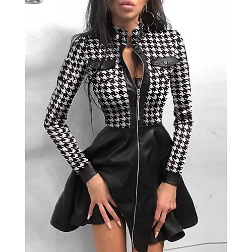 

Women's Sheath Dress Knee Length Dress White Black Blue Long Sleeve Houndstooth Patchwork Fall Winter Sexy 2021 S M L XL XXL